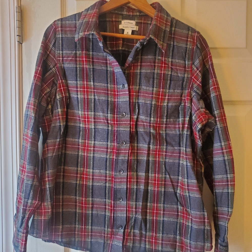 LL Bean gray and red plaid shirt